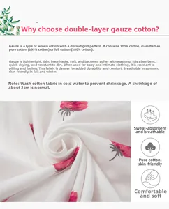Close-up of soft double-layer cotton gauze fabric with cute red strawberry patterns