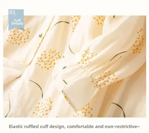 Detailed view of elastic ruffled cuffs on dandelion print cotton pajamas set