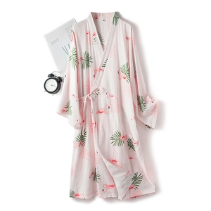 Pink cotton flamingo print kimono robe with matching tie belt and palm leaf pattern