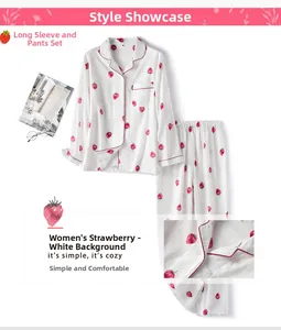 Detail of soft cotton pajama set featuring red strawberry prints and button-down collar