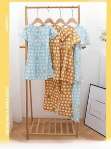 Close-up of girls cotton short-sleeved pajama set with cute hedgehog sheep print
