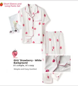 Detail showing soft cotton fabric and red strawberry print on girl's pajama set