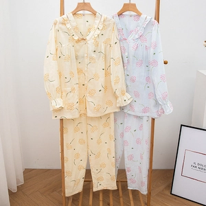Women's 100% Cotton Gauze Pajama Set Long Sleeve Top And Pants Sweet Ruffle Floral Dandelion Printed Breathable Loungewear