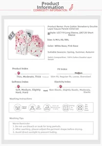 Size chart and fabric details for cotton strawberry print double gauze pajama set