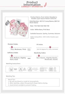 Detail chart of 100% cotton double gauze pajamas with cute strawberry print patterns