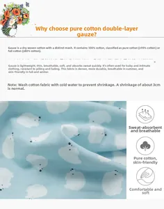 Detailed macro view of 100% cotton double gauze fabric with small animal pattern