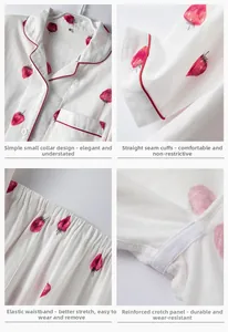 Detail view of strawberry print cotton pajamas featuring collar, cuffs and elastic waistband