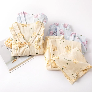 Floral cotton pajamas set for women with ruffle V-neck design and bow details