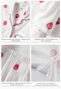 Detail view of cotton strawberry pajamas showing the collar, cuffs, and elastic waistband