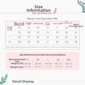 Tableau des tailles pour pyjama en coton avec mesures détaillées du S au format XXL