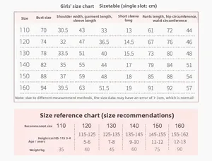 Detailed size chart for girls strawberry cotton pajamas set with precise measurements