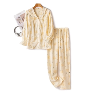 Women's cotton floral pajama set with V-neck long sleeve top and matching pants
