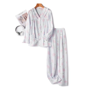 Women's cotton dandelion print pajama set with long sleeves and lace trim