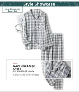 Men's navy blue plaid cotton pajama set with long sleeves and pants in cozy homewear style