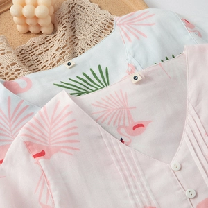 Women's cotton flamingo print pajama sets with V-neck and ruffles in pink and blue