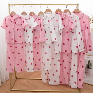 Cute strawberry print cotton pajama set with button-down shirt and long pants