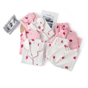 Girls Strawberry Print Pajama Set 100% Cotton Double Layer Gauze Long Short Sleeve Top and Pants Soft Sleepwear For Kids