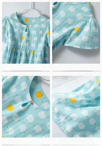 Detailed views of cotton girl dress showing ruffle sleeves and hedgehog bear patterns