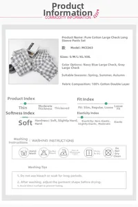 Size chart and washing guide for grey checkered 100% cotton double gauze pajama set