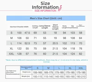 Size guide for men's cotton plaid pajamas set with detailed S-XXL measurement chart