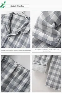 Detail view of cotton pajama set featuring small lapels and gray plaid pattern fabric