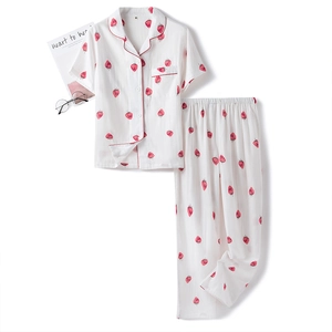 Women's cotton strawberry print pajama set with short-sleeved top and long pants