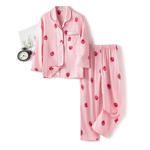 Pink cotton pajamas set with strawberry print long sleeve shirt and matching pants