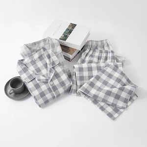 Men's cotton pajamas set with grey plaid pattern, button-down top and long pants