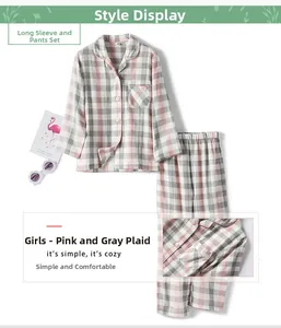 Vue détaillée du pyjama en coton pour filles avec motif à carreaux rose et gris