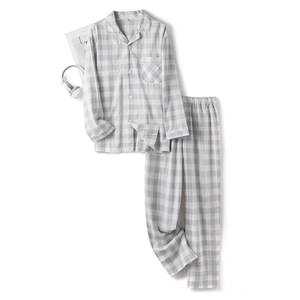 Men's grey and white checkered cotton pajama set with long-sleeve top and trousers