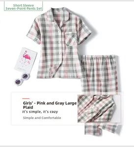 Pyjama fille en coton à carreaux rose et gris avec chemise manches courtes et pantacourt