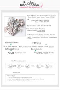 Tableau des tailles et conseils de lavage pour pyjama en gaze de coton à carreaux enfant