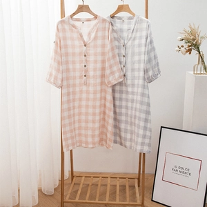 Camicia da Notte Donna 100% Cotone Garza Doppio Strato Quadri Scollo a V Manica 3/4 Abito da Casa Comodo