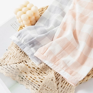 Camicia da notte donna in doppia garza di cotone a quadri con maniche a 3/4 grigio e arancio