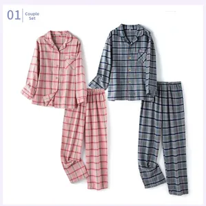 Pyjamas assortis pour couples en coton à carreaux avec manches longues et col classique