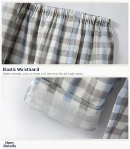 Détail d'un pantalon de pyjama en coton à carreaux avec taille élastique et coutures
