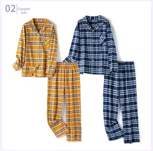 Ensembles de pyjama en flanelle à carreaux pour couples en jaune et bleu marine