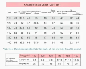 Tableau des tailles pour pyjama enfant en coton avec mesures du buste et de longueur