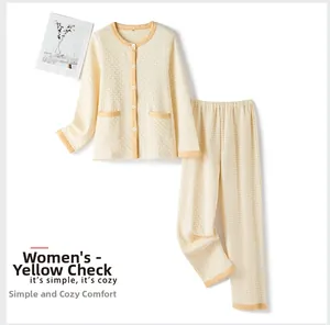 Women's yellow houndstooth pajamas set with round neck and two front pockets