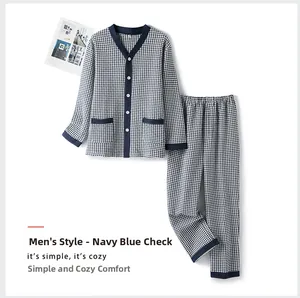 Detail of men's navy blue houndstooth pajama set with V-neck button-down and soft pockets