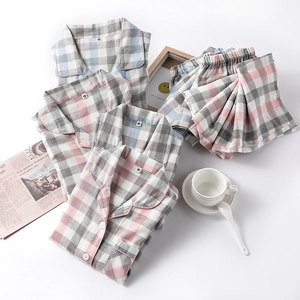 Ensemble Pyjama à Carreaux en Double Gaze de Coton pour Enfants Manches Longues Courtes Boutonné Vêtements d'intérieur Garçons Filles