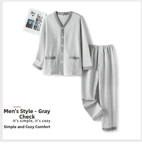 Flat lay of men's gray houndstooth pajama set with v-neck top and matching trousers