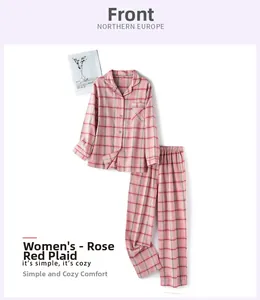 Détail du pyjama en coton brossé à carreaux rose pour femme avec chemise boutonnée