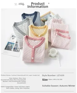 Detail view of houndstitch pattern cotton pajama set with fabric composition table