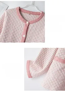 Detail of pink houndstooth quilted pajamas showing the soft 100% cotton fabric and buttons
