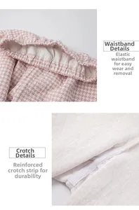 Detail of elastic waistband and reinforced crotch on pink houndstooth quilted pants