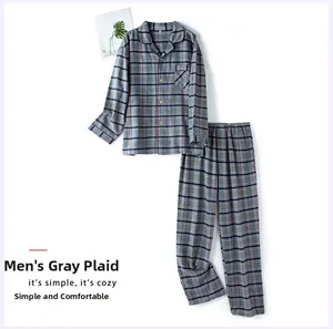 Pyjama homme à carreaux gris avec chemise boutonnée et pantalon en coton brossé doux