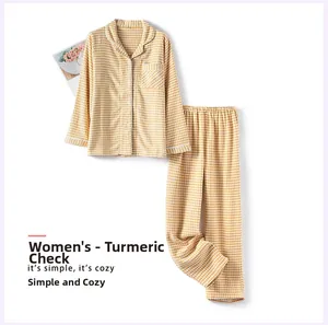 Pyjama femme en coton à motif pied-de-poule jaune gingembre avec chemise boutonnée