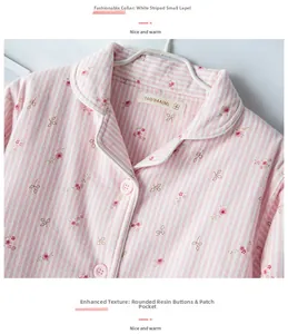 Detail of pink floral striped thermal pajama set with white piping on the notched collar
