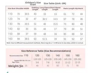 Tableau des tailles détaillé pour pyjama enfant en coton avec guide de taille et poids
